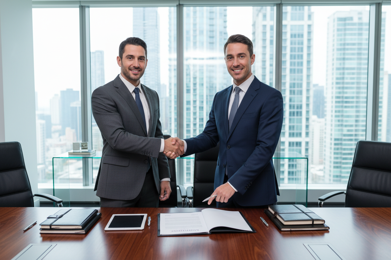 give me one high quality landscape image two business mans are making relationship and making business contract each other in a big office 