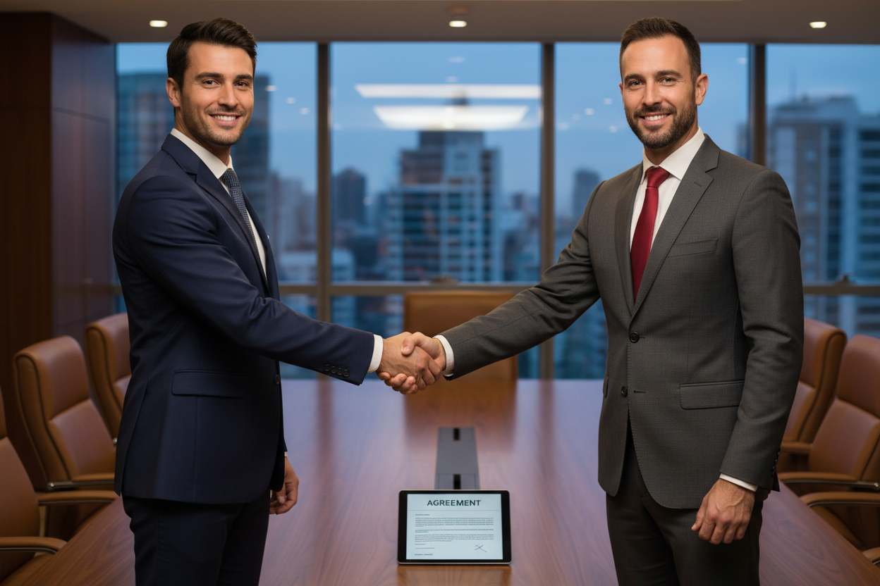 give me portrait high quality image two business mans are shaking there hands for making relationship for a business contract  